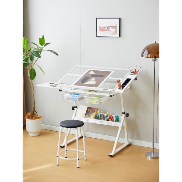 Zylen 40.15 in. Rectangle White Wood and Metal Drafting Table Writing Desk with Stool and Storage Space
