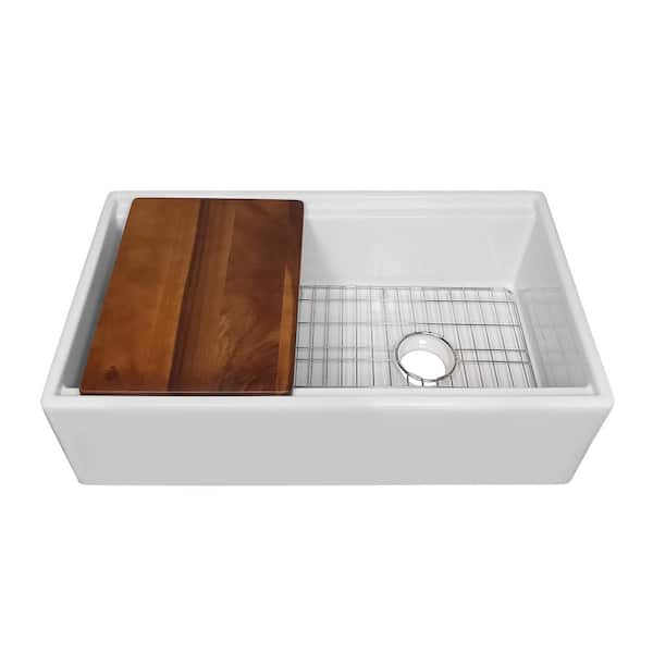 Whitehaus Collection 30 in. Front Apron Single Bowl Fireclay Kitchen Sink with Walnut Wood Cutting Board and Stainless-Steel Grid