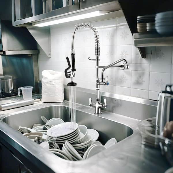 Polished Chrome Commercial Triple Handle Kitchen Faucets with Spring Pull Down Sprayer in Solid Brass