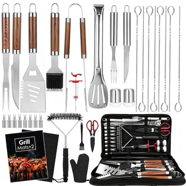 34-Piece Brown Stainless Steel BBQ Grilling Tools Set with Grilling Mats Heat Resistant Glove Storage Bag