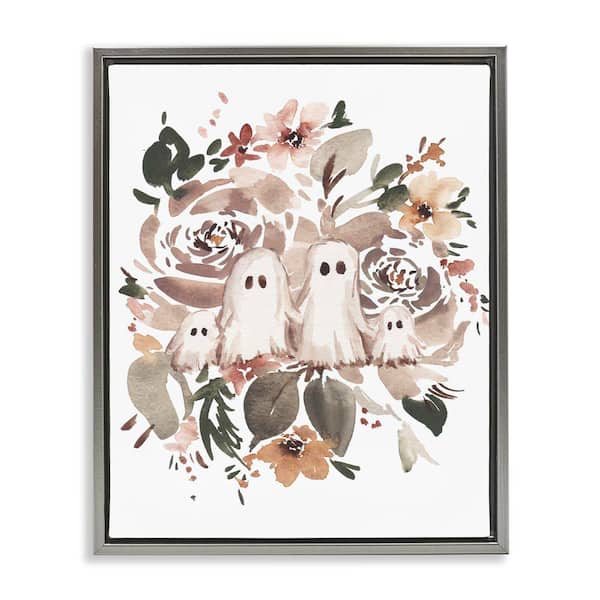 Stupell Industries Little Ghosts with Botanicals by Amanda Cook Gray Floater Frame Nature Graphic Art Print 31 in. x 25 in.