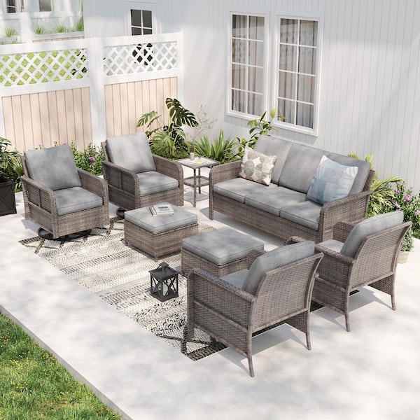 Sonkuki 8-Piece Patio Conversation Sofa Set Gray Wicker with Swivel Rocking Chair and Side Table, Linen Gray Cushion