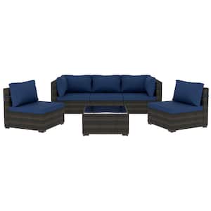 6-Piece Wicker Patio Conversation Sectional Seating Set with Coffee Table for Deck, Backyard, Lawn, Navyblue