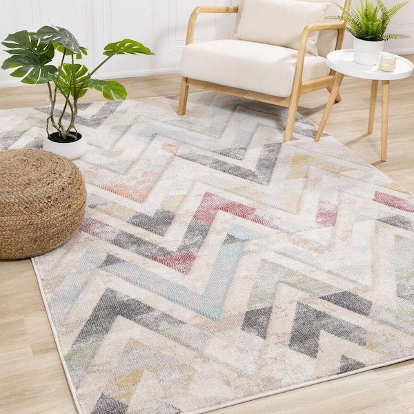 Islae Collections 8 ft. x 11 ft. Beige Chevron;Geometric;Distressed Indoor Area Rug