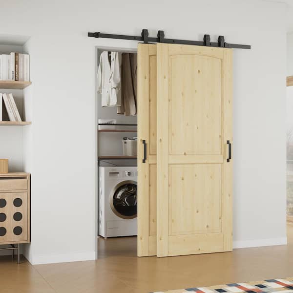 ARK DESIGN 56 in. x 80 in. (Double 32 in. ) 2-Panel Unfinished Solid Core Pine Wood Sliding Barn Door with Hardware Kit Bypass