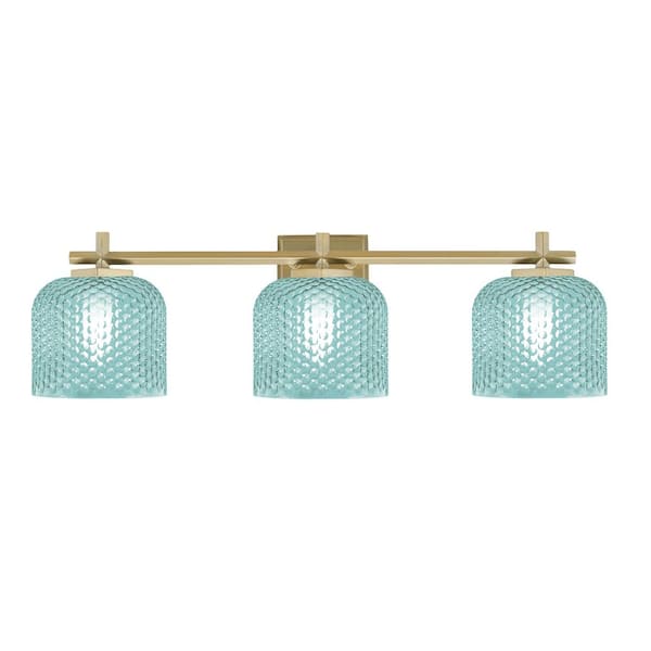 Bridgewater 26.75 in. 3 Light Vanity Light New Age Brass with 6 in. Turquoise Textured Glass Shades, No Bulbs Included