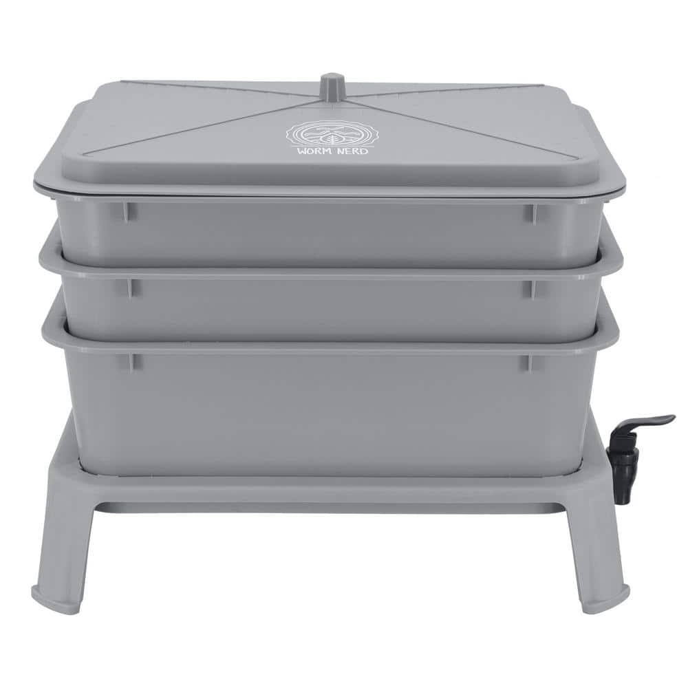 Gray 4-Tray Plastic Worm Composting Bin with Coco Coir Brick