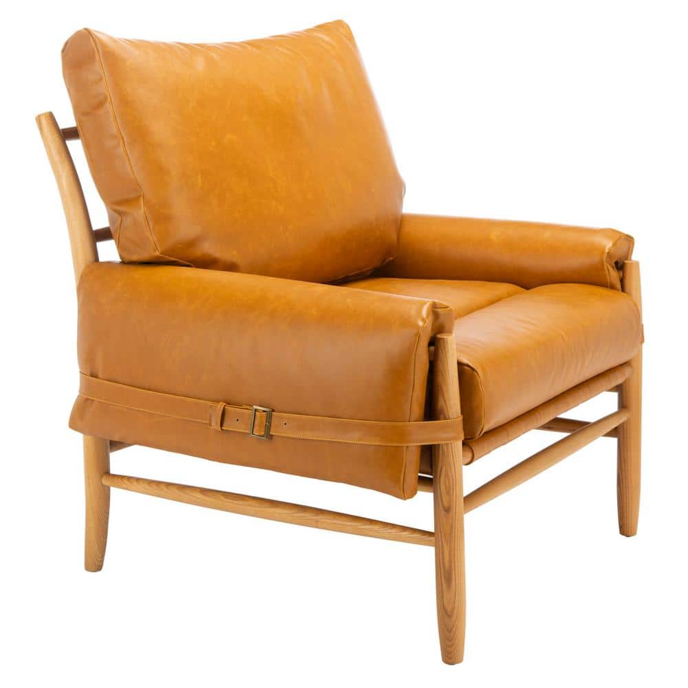 Oslo 32" Caramel Faux Leather & Natural Wood Mid-Century Accent Chair