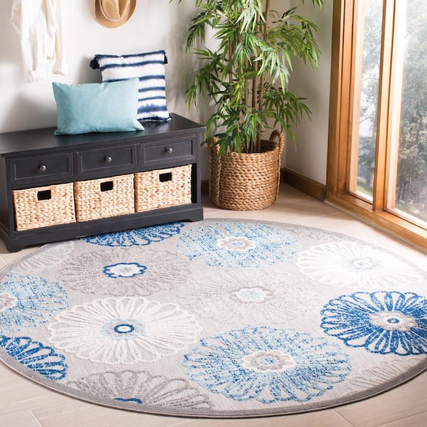 Cabana Gray/Blue Doormat 3 ft. x 3 ft. Border Floral Indoor/Outdoor Patio Round Area Rug