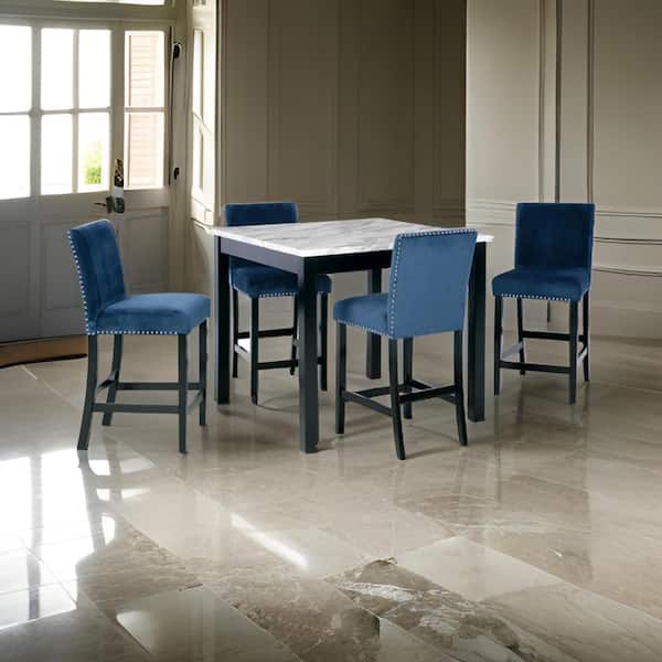 Benjara 26 in. Black and Blue High Back Wood Frame Bar Stool with Fabric Seat (Set of 5)