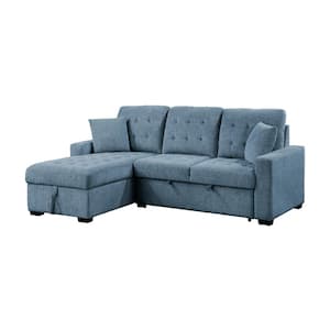 Rupert 86 in. Straight Arm 2-Piece Fabric Sectional Sofa with Left Chaise, Pull-Out Bed and Hidden Storage in Blue