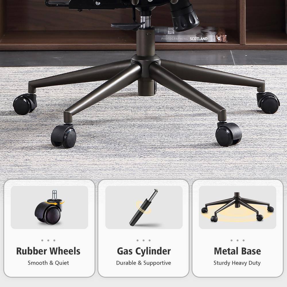 Close-up of the chair's black metal base, gas cylinder, and rubber wheels.