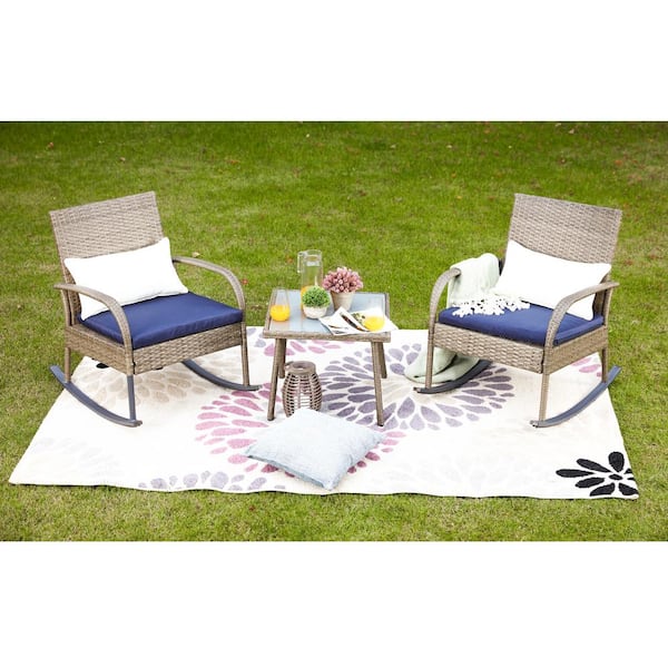 Patio Festival 3-Piece Wicker Outdoor Rocking Chair Conversation Set with Blue Cushion