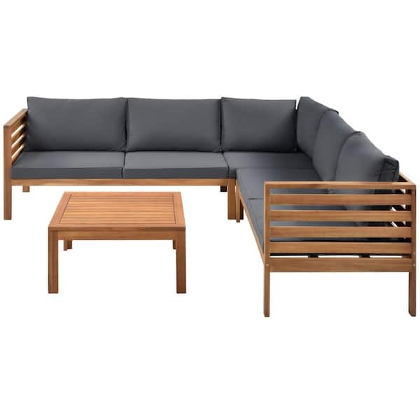 ITOPFOX Brown Wood Outdoor Sofa Sectional Set with Gray Cushions Water-Resistant and UV Protected Texture