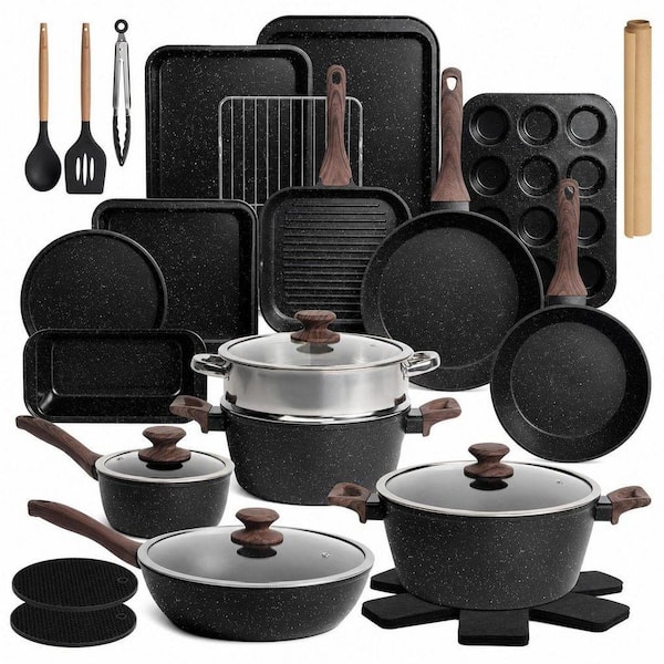 31-Piece Aluminum Nonstick Cooking Cookware Sets with Grill Pan Saucepan Baking Sheet in Black, Quick and Even Heating
