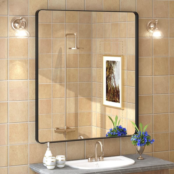 32 in. W x 36 in. H Rectangular Tempered Glass and Aluminum Alloy Framed Wall Bathroom Vanity Mirror in Matte Black