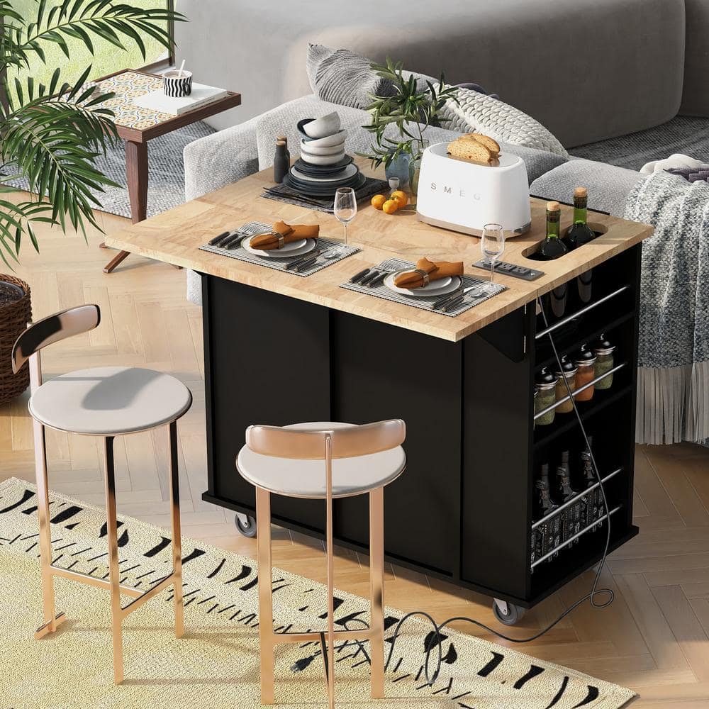 Cesicia Black Rubberwood Drop-Leaf Countertop 53.1 in. Kitchen Island Cart with Cabinet Door Internal Storage Racks and 3-Drawer