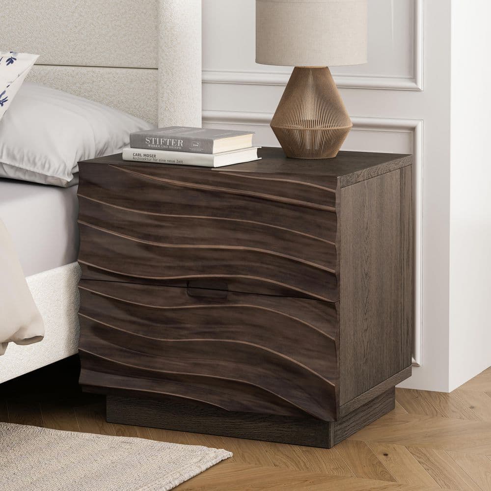 Xelvar Modern 23.62 in. Walnut Brown 2 Drawers Wood Nightstand Bedside Table Sofa End Table