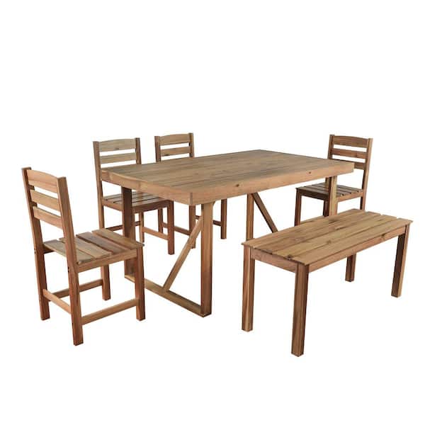 Unbranded Natural Brown 6-Piece High-Quality Acacia Wood Outdoor Dining Table Set with 5-Chairs and 1-Bench for Patio, Balcony