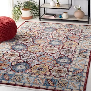 Bayside Blue/Red 2 ft. x 8 ft. Border Trellis Geometric Runner Rug