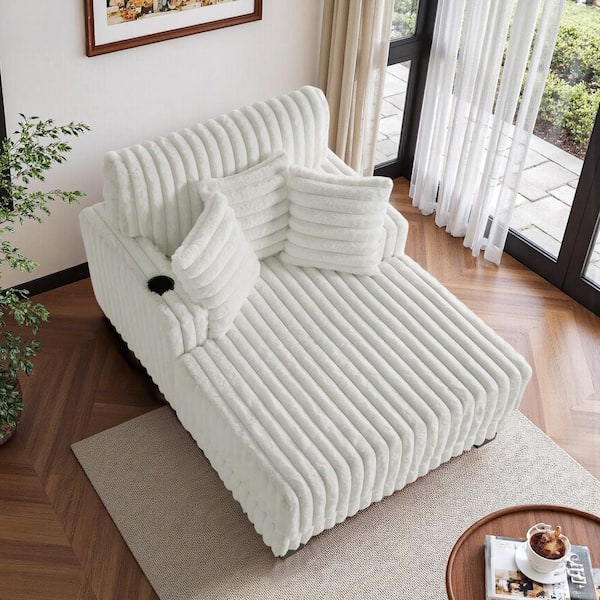 Beige Faux Rabbit Fur Polyester Two Arm Chaise Lounge With Cup Holders(Set of 1)