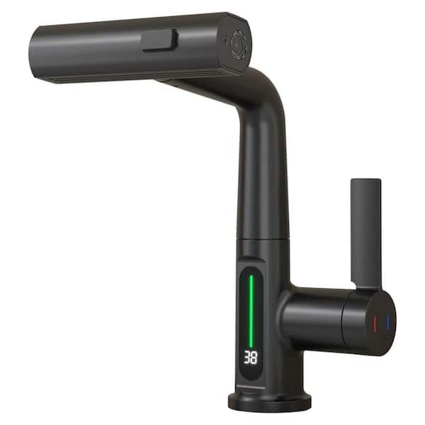 3-in-1-Single-Handle Pull-Out Single Hole Bathroom Faucet with LED Temperature Digital Display in Matte Black