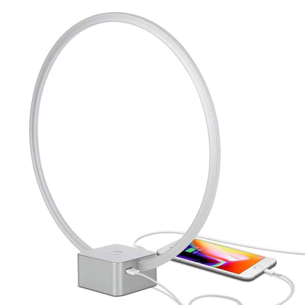 Brightech Circle 15 in. Platinum Silver Industrial Integrated LED Arched/Arc Table Lamp with Built-In 3-Way Dimmer