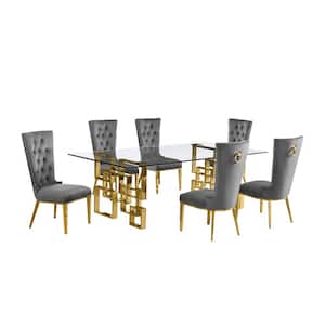 Dominga 7-Piece Rectangular Glass Top Gold Stainless Steel Dining Set with 6 Dark Grey Velvet Gold Stainless Steel Chair