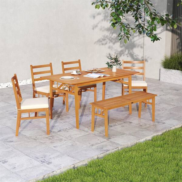 63 in. Acacia Wood Table Outdoor Wooden Dining Table for 4-6 w/Wide Slatted Tabletop