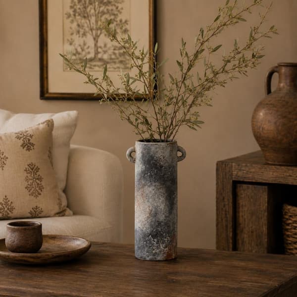 Dark Gray Antique Style Textured Ceramic Decorative Vase with Brown Accents and Handles