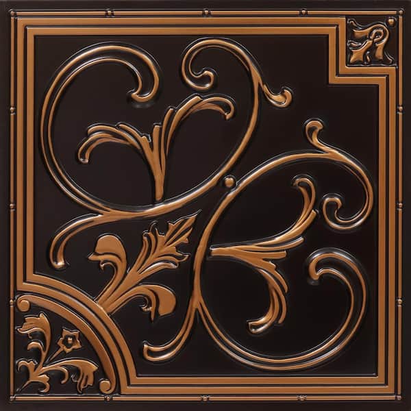 FROM PLAIN TO BEAUTIFUL IN HOURS Lillies and Swirls Antique Copper 2 ft. x 2 ft. PVC Glue-up or Lay-in Faux Tin Ceiling Tile