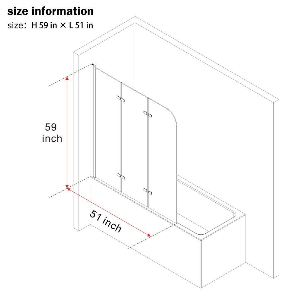 51'' Black Aluminum Frameless Folding Tub Door with Clear Tempered Glass