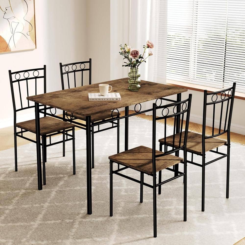 Rectangular Dining Room Table Set with 4 Chairs, Space-Saving Kitchen Table Set for Small Space, Brown