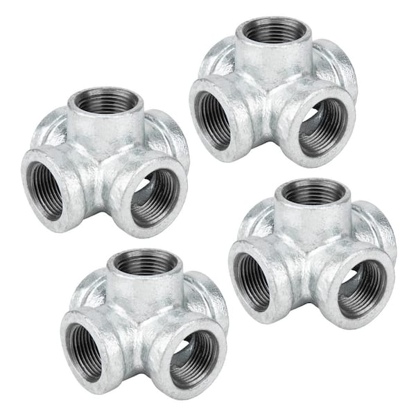 PIPE DECOR 1/2 in. 5-Way Galvanized Iron Cross with Side Outlet Fitting (4-Pack)