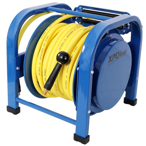 Retractable Air Hose Reel, 3/8 in. x 100 ft. 300 PSI, Spring-Driven Steel, Heavy Duty Industrial, Hybrid hose, Portable