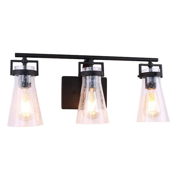 PUDO 22 in. 3-Light Black LED Bathroom Vanity Light with Clear Water Patterned Glass Lampshade