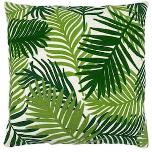 Green Palm Leaves Embroidery Polyfill 20 in. x 20 in. Square Throw Pillow