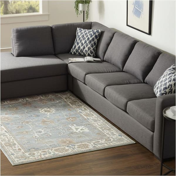 12 ft. x 15 ft. Blue Ivory And Brown Floral Distressed Area Rug