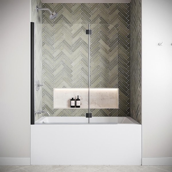 Isonzo 39.4 in. W x 55 in. H Frameless Pivot Fixed Tub Door in Matte Black with CrystalTech Treated 1/4 in. Clear Glass