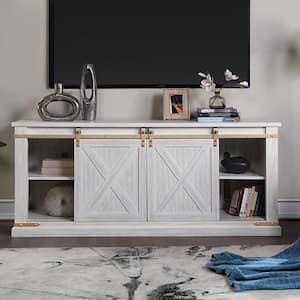 Trainor Antique White TV Stand Fits TV's up to 80 in. with Sliding Barn Doors And Adjustable Shelves