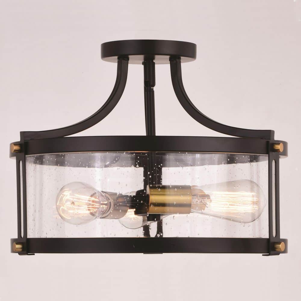 Holbrook 15.75" Matte Black & Satin Brass Drum Semi-Flush Mount with Clear Seeded Glass