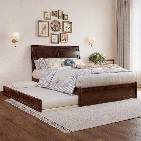 AFI Andorra Walnut Brown Solid Wood Frame Full Platform Bed with Panel Footboard and Twin Trundle
