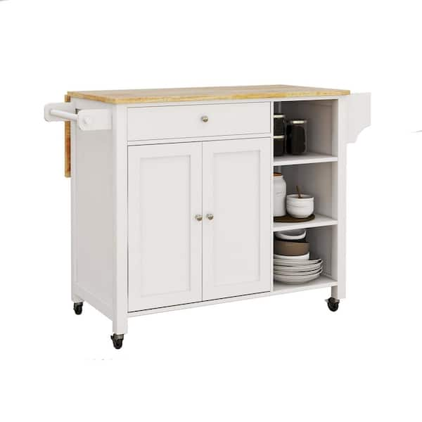 White Wood 46.87 in. Kitchen Island with Lockable Wheels and Drawer ...