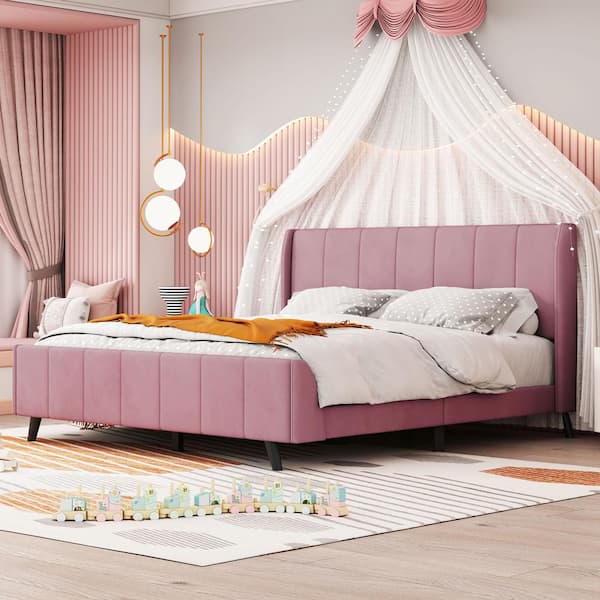 Harper & Bright Designs Channel-Tufted Pink Wood Frame Queen Size Velvet Upholstered Platform Bed with Additional Bed and Slats Support Legs