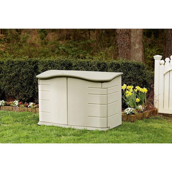 Rubbermaid Vertical Resin Weather Resistant Outdoor Storage Shed, 2x2.5  ft., Olive and Sandstone, for Garden/Backyard/Home/Pool