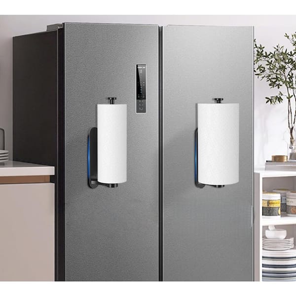 Black Magnetic Paper Towel Holder for Fridge, One Hand Tear with Ratchet Mechanism, Self-Adhesive and Wall Mount