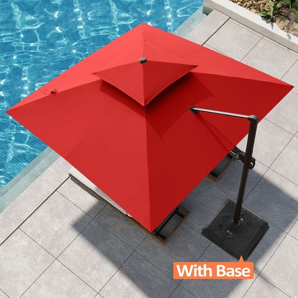 Pellebant Double Top 11 ft. x 11 ft. Square Aluminum 360° Cantilever Patio Umbrella in Red with 220 lbs. Umbrella Base