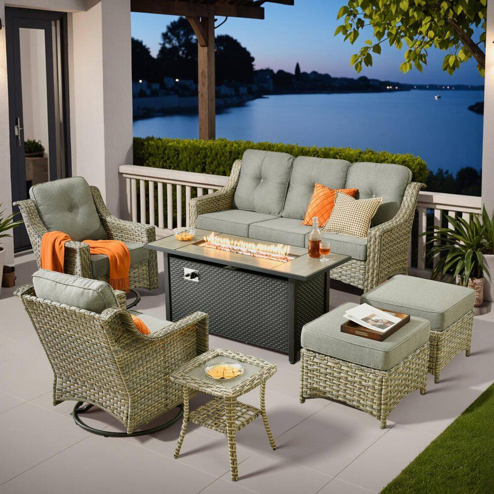 Cherry 7-Piece Wicker Outdoor Furniture Patio Fire Pit Conversation Sofa Set with Swivel Chairs and Dark Grey Cushions