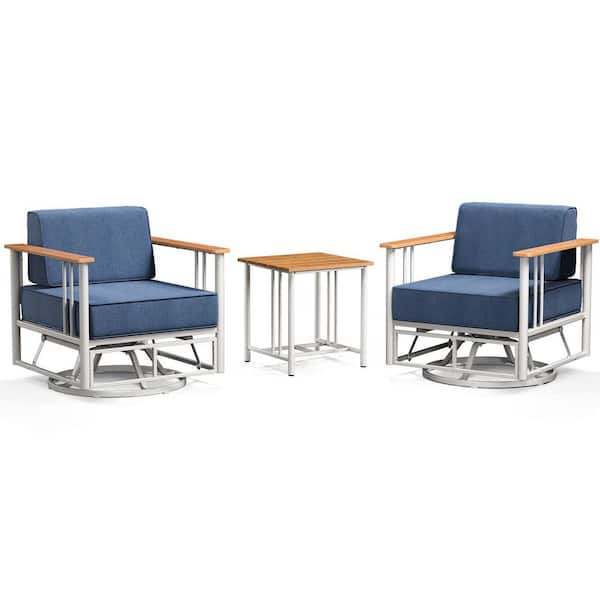 Minimalism Metal 3-Pieces White Outdoor Patio Conversation Rocking Chair Swivel Glide with Table and Blue Cushions