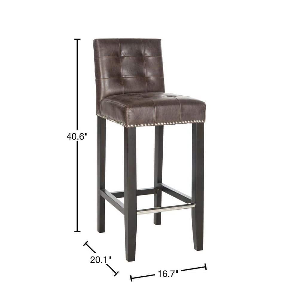 Espresso Birch Wood & Antique Brown Leather Bar Stool with Nailhead Trim
